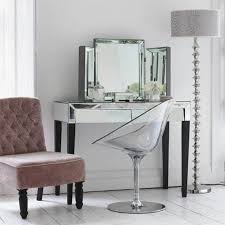 Clear Acrylic Makeup Vanity Chair With Chrome Base Modern Bedroom Vanity With Three Units Of Vanit Mirrored Bedroom Furniture Mirrored Furniture Bedroom Vanity