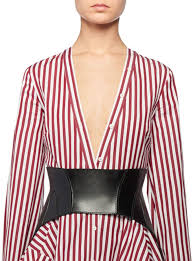 Alexander Mcqueen V Neck Button Front Long Sleeve Striped Cotton Mini Dress W Contrast Hem And Matching Items Matching Items Leather Corset Corset Belt Leather Corset Belt
