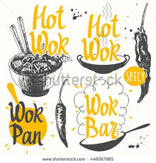 Vector Illustration With Products Sketch Set With Wok Pan And Peppers Funny Labels With Street Food Symbols Wok Vector Food Illustration Food Logo Design