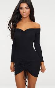 Black Ribbed Long Sleeve Bardot Ruched Bodycon Dress Ruched Bodycon Dress Plunge Bodycon Dress Bodycon Dress
