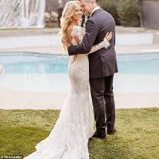 Christina El Moussa Is A Beautiful Bride In White Lace Coast Wedding Dress Wedding Dresses Lace Fairytale Dress
