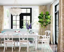1 table, 4 chairs, 1 bench. Light Blue Upholstered Bench At White Farmhouse Dining Table Transitional Dining Room