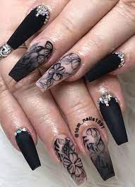 50 Most Beautiful Black Nails For Winter And All Year Round Gothic Nails Rhinestone Nails Black Nail Designs
