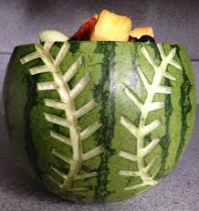 Softball Watermelon This Was A Hit At The End Of Season Softball Picnic Found Instructio Watermelon Carving Graduation Watermelon Fruit Bowls Food Sculpture