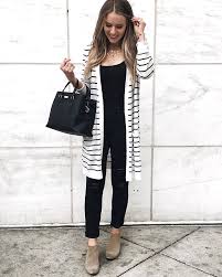 Black And White Striped Jumpsuit With Jacket Vertical Striped Black And White Long Open Front Cardigan Jacket Wear Over An All Black Ou Stripe Cardigan Outfit Black Jumpsuit Outfit Jumpsuit Outfit Casual