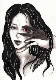 Brown highlights with black hair /via. Gothic Girl With Black Hair And Red Eye Witch Demon 171909288 Larastock