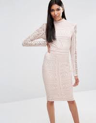 Asos Missguided Lace Long Sleeve High Neck Midi Dress