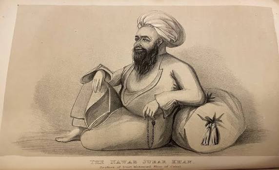 Nawab Jabar Khan, brother of Amir Dost Muhammad Khan Barakzai of Kabul, 1836 (c). Source: A Personal Narrative of a Visit to Ghuzni, Kabul, and Afghanistan by Thomas Vigne