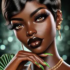 Create a stylish 3D cartoon image of an african american lady with black  layered bob, big beautiful brown eyes and long eyelashes, leaning against a  wall. she is wearing green hoodie and