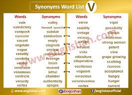 Synonyms Word List V Synonyms List A To Z With Examples And Pdf Word List English Writing Skills Words