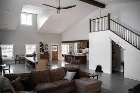 The roof can be flat or shallow pitched, often with great overhangs. Open Concept Pole Barn Homes Barn House Interior Pole Barn House Plans