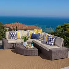 Noble House Hazelnut Brown 6 Piece Wicker Outdoor Sectional And Table Set With Beige Cushions 301761 Patio Sofa Set Outdoor Sofa Sets Patio Furniture Fabric