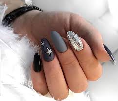 Black Grey And Glitter Silver Nails With Star Design In 2020 Trendy Nails Simple Nails Almond Nail Art
