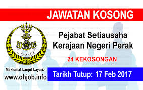 Tawaran adalah dipelawa daripada warganegara malaysia yang berkelayakan untuk memohon bagi mengisi jawatan kosong sebagaimana berikut: Jawatan Kosong Pejabat Setiausaha Kerajaan Negeri Perak 17 Februari 2017 Jawatan Kosong Kerajaan Swasta Terkini Malaysia 2021 2022