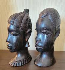 Hand Carved African Tribal WOMAN MAN HEAD Ebony Wood Statue Bust Pair