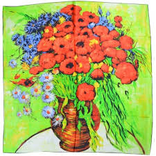Bouquet de coquelicots en vase de verre isolées sur fond blanc. Foulard Soie Coquelicot Marguerites