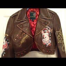 Authentic Ed Hardy Genuine Brown Leather Jacket S Leather Jacket Brown Leather Jacket Ed Hardy