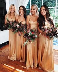Four Women In Satin Dresses Spaghetti Straps Vintage Bridesmaid Dresses Colourful Flower Gold Bridesmaid Dresses Silk Bridesmaid Dresses Bridesmaid Dresses