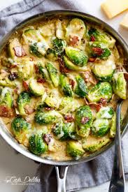 Creamy Garlic Parmesan Brussels Sprouts Bacon Will Become Your New Favourite Way To Eat Brussels Spouts Pan Fri Sprout Recipes Recipes Bacon Brussel Sprouts