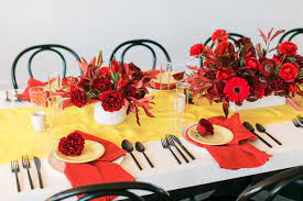 Red And Yellow Wedding Inspiration Modern Black White Red And Yellow Table Recepti Yellow Wedding Decorations Red Table Settings Red Wedding Decorations