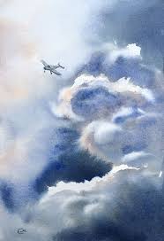 Airplane In Stormy Sky Painting Sky Painting Watercolor Clouds Watercolor Sky