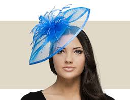Selma Blue Sinamay Hat with Crin Veiling & Feather Detail