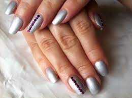 Cnd Shellac Nail Art Silver Chrome With Black And Pink Diamantes Silver Nails Rhinestone Nails Cnd Shellac Nails