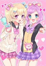 marueri, kuma (pripara), manaka laala, yumekawa yui, idol time pripara,  pretty series, pripara, commentary request, highres, 2girls, :d, alternate  costume, animal ears, bear ears, black jacket, black sailor collar, blonde  hair, blue