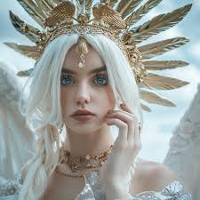 prompt:80 mm f:2.8 , 1/30 s . realistic photography of a close-up of an  angel. The angel has long blue hair and is wearing a gold crown
