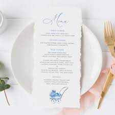 Printable Baby Shower Menu Card Template 4x8 Watercolor Blue Etsy In 2021 Baby Shower Menu Menu Card Template Menu Cards