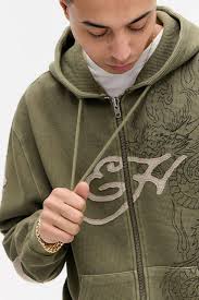 Ed Hardy Uo Exclusive Khaki Waffle Zip-through Hoodie in Green for Men
