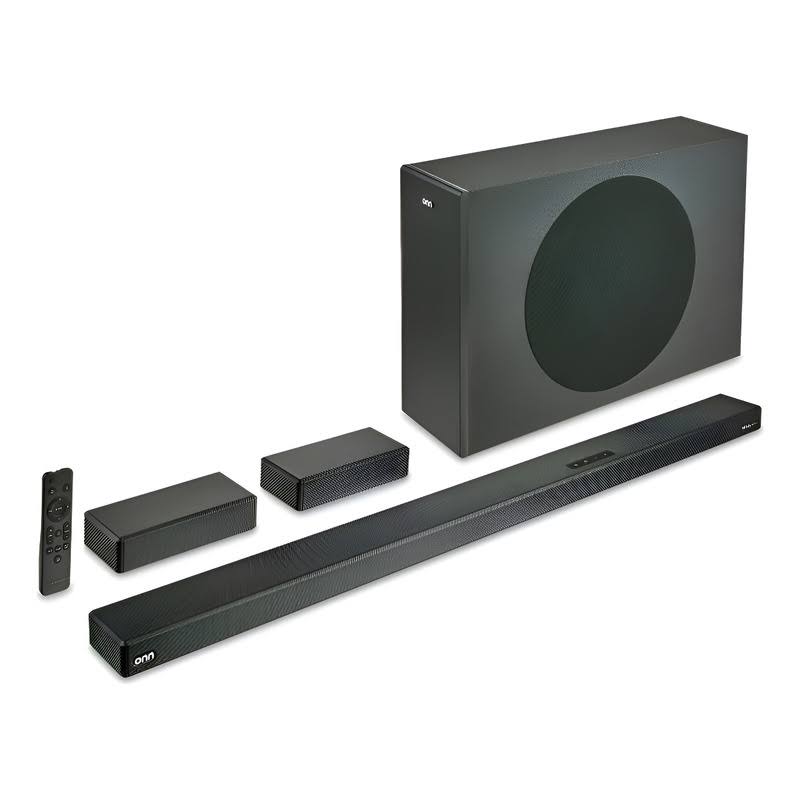 onn. 5.1 Ultra-Slim Surround Soundbar System with Dolby Atmos, Wireless Subwoofer and Wireless Satellite Speakers