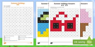 Summer Holidays Colour By Number 100s Chart Worksheet