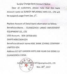 I am writing this letter. Sunjoy Change Bank Account Notice