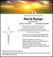 Traueranzeigen von Maria Runge (geb. Dornecker)