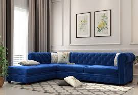 Buy Henry L Shape Left Aligned Corner Sofa Velvet Indigo Blue Online In India Get Wooden Henry L S In 2020 Modern Sofa Designs Sofa Set Designs Sofa Bed Design