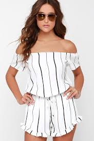 Black And White Striped Short Romper Honest To Goodness Ivory Striped Off The Shoulder Romper Striped Playsuit Striped Rompers Jumpsuit Elegant