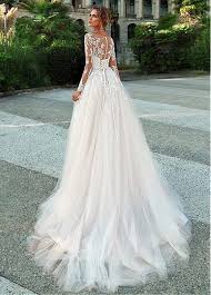 40 Champagne Tulle Wedding Dress With Illusion Lace Long Sleeves Nycrunningblog Com Weddin Wedding Dresses Lace A Line Wedding Dress Ball Gown Wedding Dress