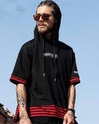 letter embroidered hooded t shirt for men striped splicing high low tops