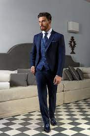 Abito da sposo 3 pezzi barocco blu con collo coreano e ricami argento. Vestito Da Sposo Blu Marino Con Giacca Stondata Revers E Gilet Disegno Cashmere Sposo Moda Business Uomo Abiti Da Sposo