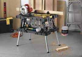 This portable folding workbench unfolds in a snap and, like the workmate, excels at holding large, oddly shaped objects nice and steady so you can work on them. Keter 197283 Folding Table Work Bench For Miter Saw Stand Woodworking Tools And Accessories With Included 12 Inch Wood Clamps Easy Garage Storage Black Yellow Workbenches Amazon Com