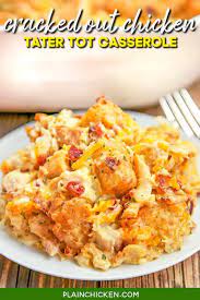 In a large mixing bowl combine the chicken, bacon pieces, sour cream, cream of chicken soup, shredded cheese, and ranch mix. Cracked Out Chicken Tater Tot Casserole Plain Chicken