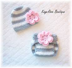 Newborn Baby Girl Crochet Flower Hat Diaper Cover Set Pink