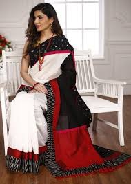 Black And Red Combination Designer Saree Black White Chanderi Saree With Red Cotton Silk Pallu Exclusive Ikat Border Cotton Saree Designs Party Wear Sarees Online Pattu Saree Blouse Designs