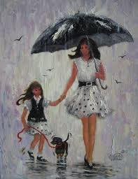 Rain Girls Original Oil Painting Mother And Daughter Paintings Rain Paintings Umbrellas Mom And Daughter Vickie Wade Art Rain Painting Art Umbrella Art