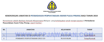 Tutup:isnin,selasa dan hari cuti umum. Jawatan Kosong Terkini Di Perbadanan Perpustakaan Awam Pulau Pinang Appjawatan Malaysia