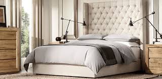 This modern bed frame features a wooden frame with spindle feet finished in black. Adler Shelter Diamond Tufted Fabric Platform Bed Rh