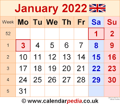 Calendar January 2022 Uk With Excel Word And Pdf Templates