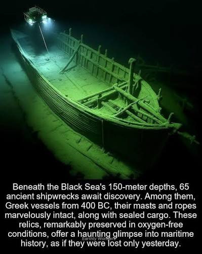 Ancient sunken ship graveyard on ocean floor