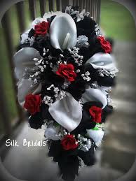 Beautiful artificial red wedding flowers bridal bouquets pearls flower rose bouquet. Bridal Bouquet Silk Wedding Flowers Black Red White Silver Calla Roses Cascade Red Wedding Flowers White Wedding Flowers Wedding Flowers